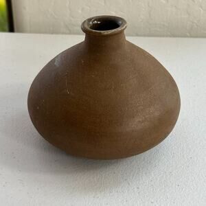 Handmade Vase Clay Brown Round Flat 1989 Signed MKS Vintage